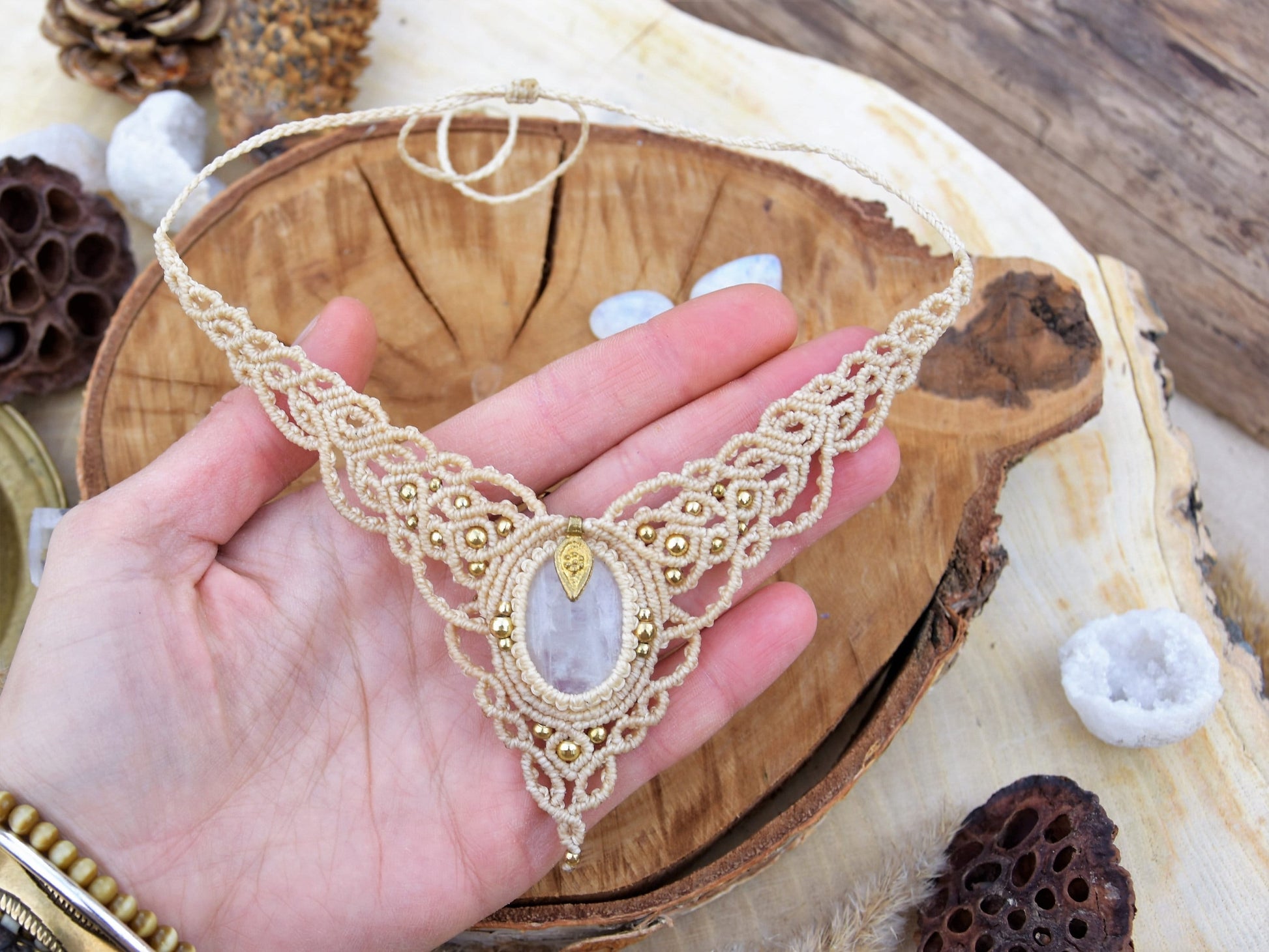 Bohemian moonstone macrame necklace