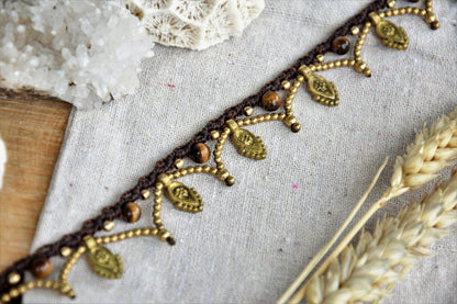 Tribal macrame anklet, gypsy anklet, macrame anklet with brass pendants, bohemian anklet.