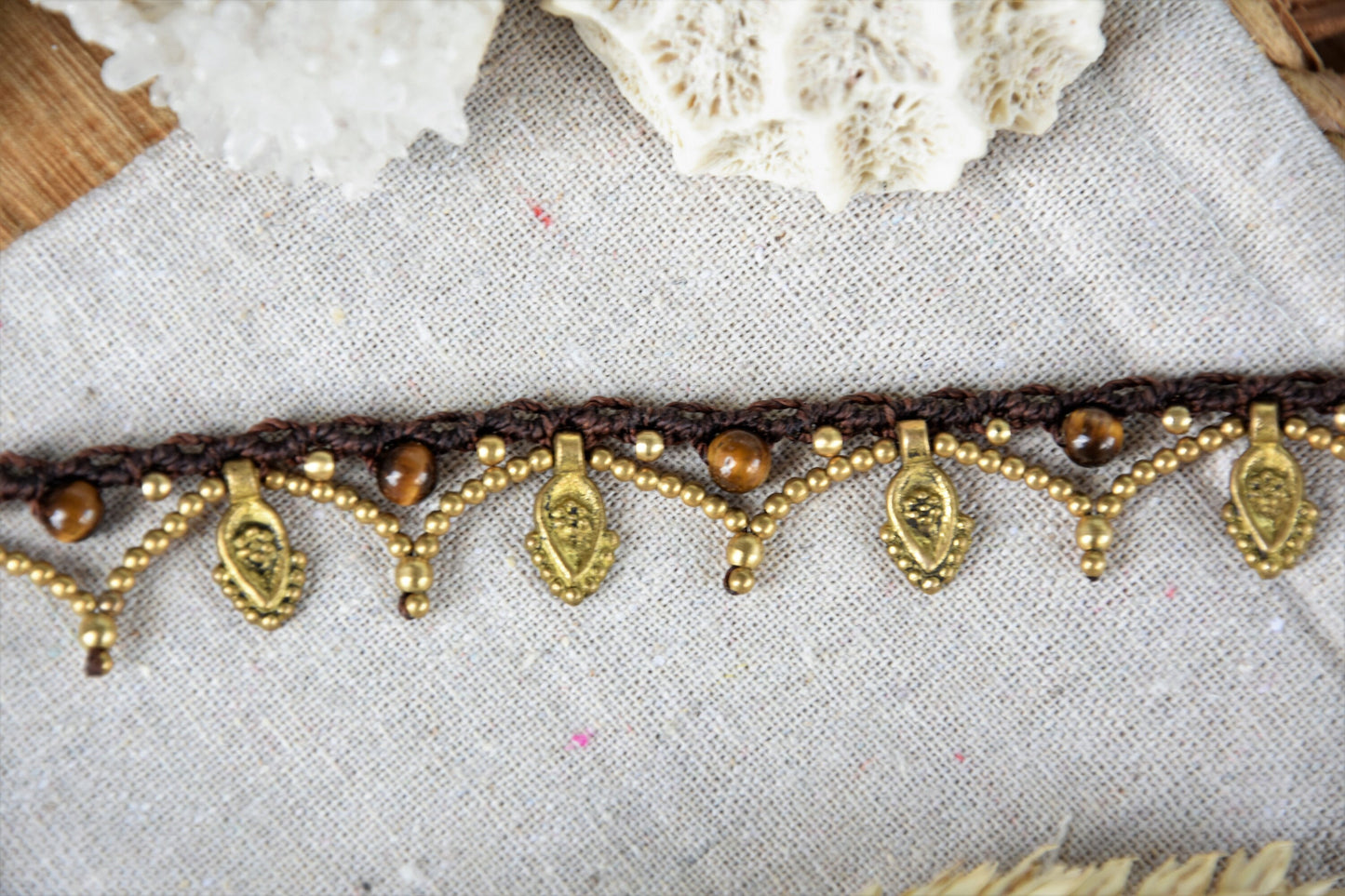 Tribal macrame anklet, gypsy anklet, macrame anklet with brass pendants, bohemian anklet.