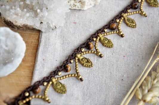 Tribal macrame anklet, gypsy anklet, macrame anklet with brass pendants, bohemian anklet.