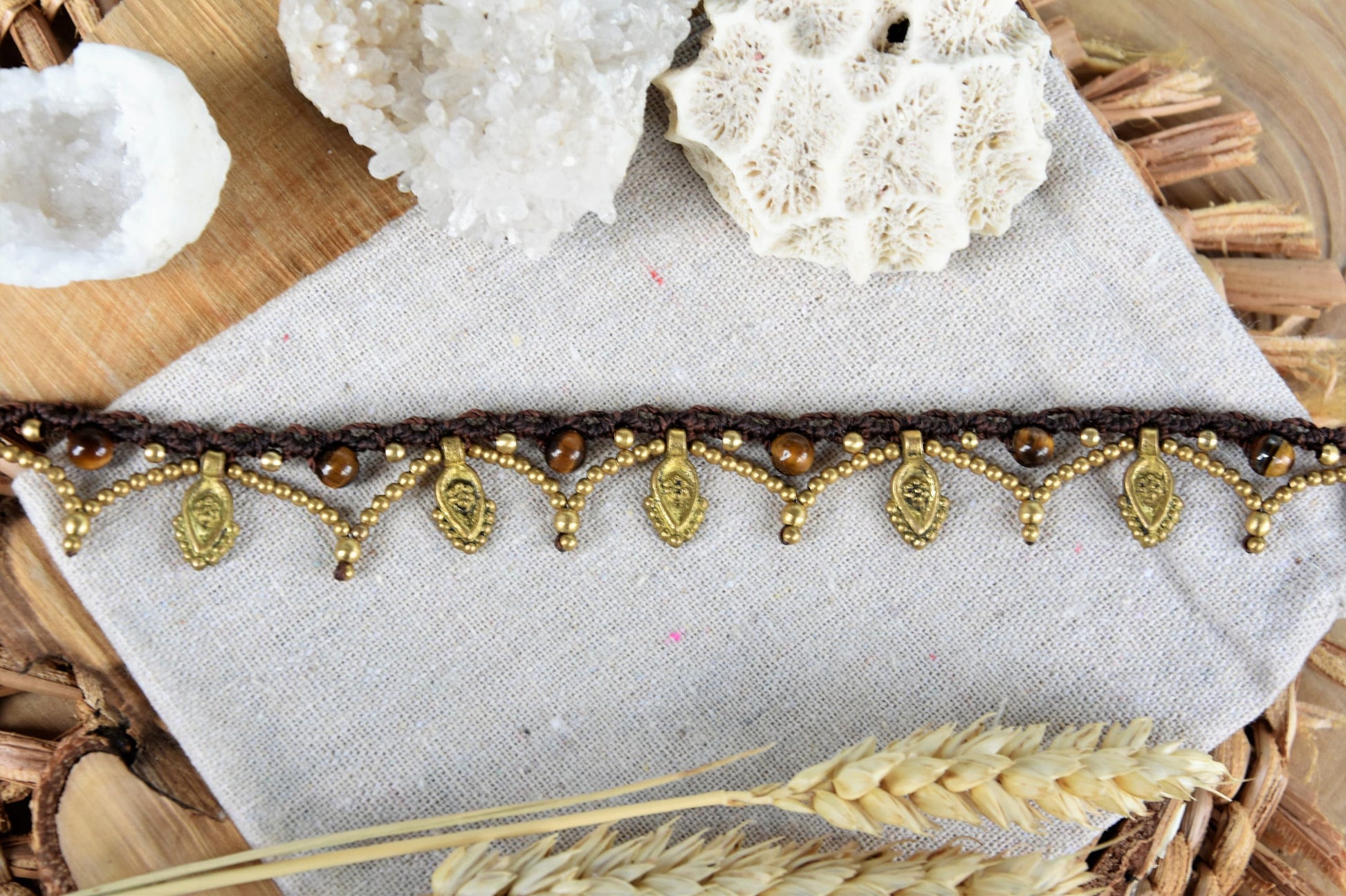 Tribal macrame anklet, gypsy anklet, macrame anklet with brass pendants, bohemian anklet.