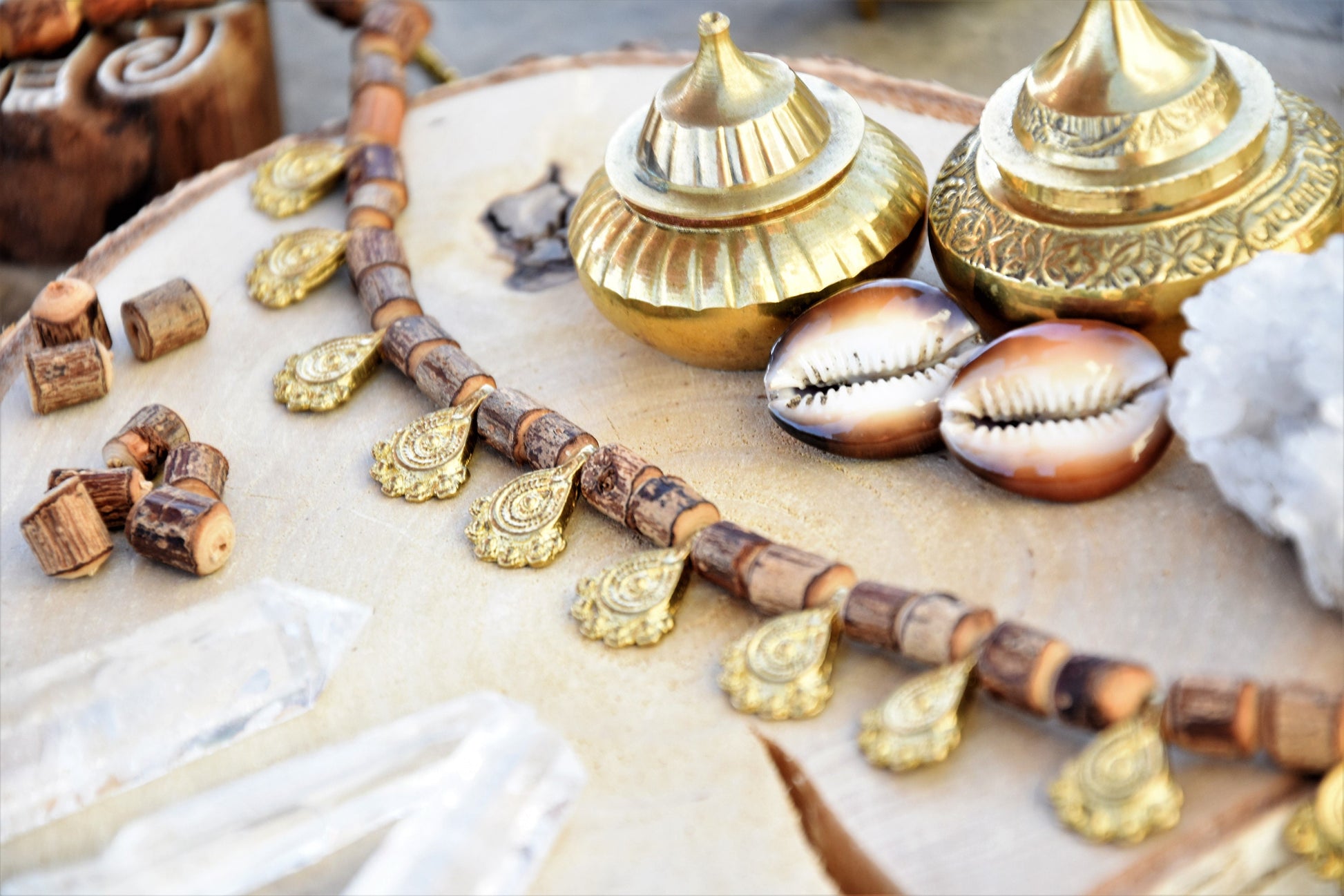 Tulsi necklace with brass charms | brass and wood beaded necklace |holy basil necklace | spiritual necklace