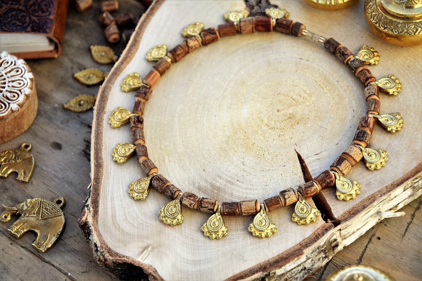 Tulsi necklace with brass charms | brass and wood beaded necklace |holy basil necklace | spiritual necklace