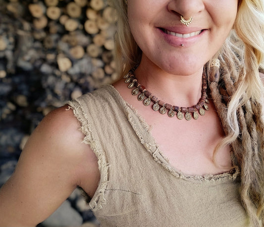 Brass necklace | spiritual necklace | tulsi wood necklace | tribal necklace | spiritual necklace