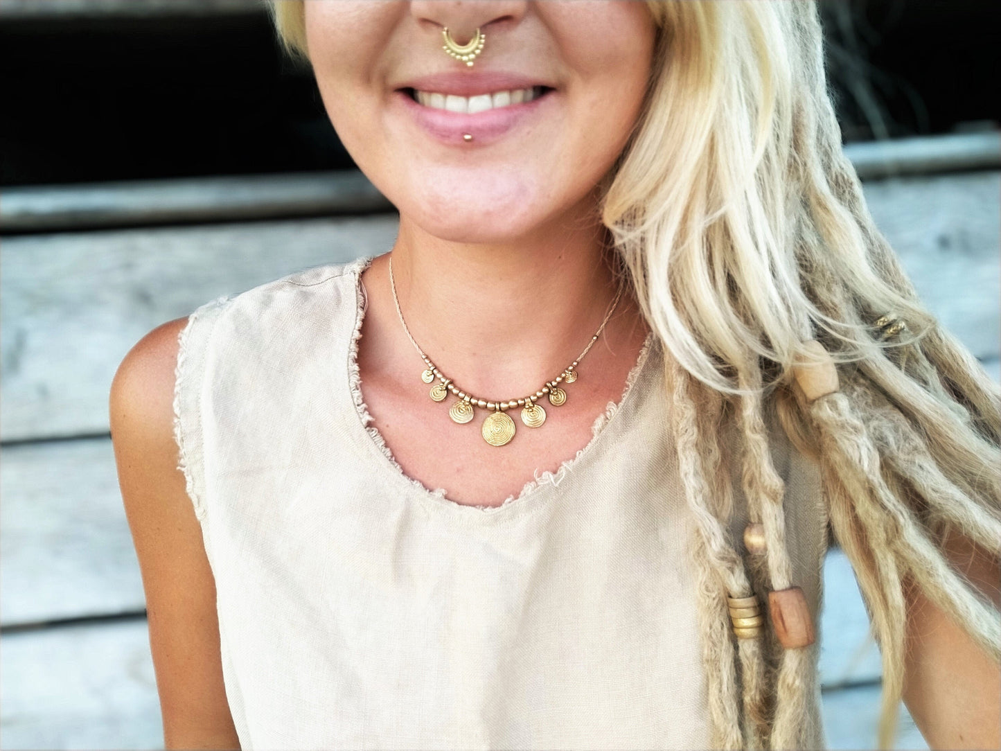 Cute tribal brass coin necklace with adjustable length