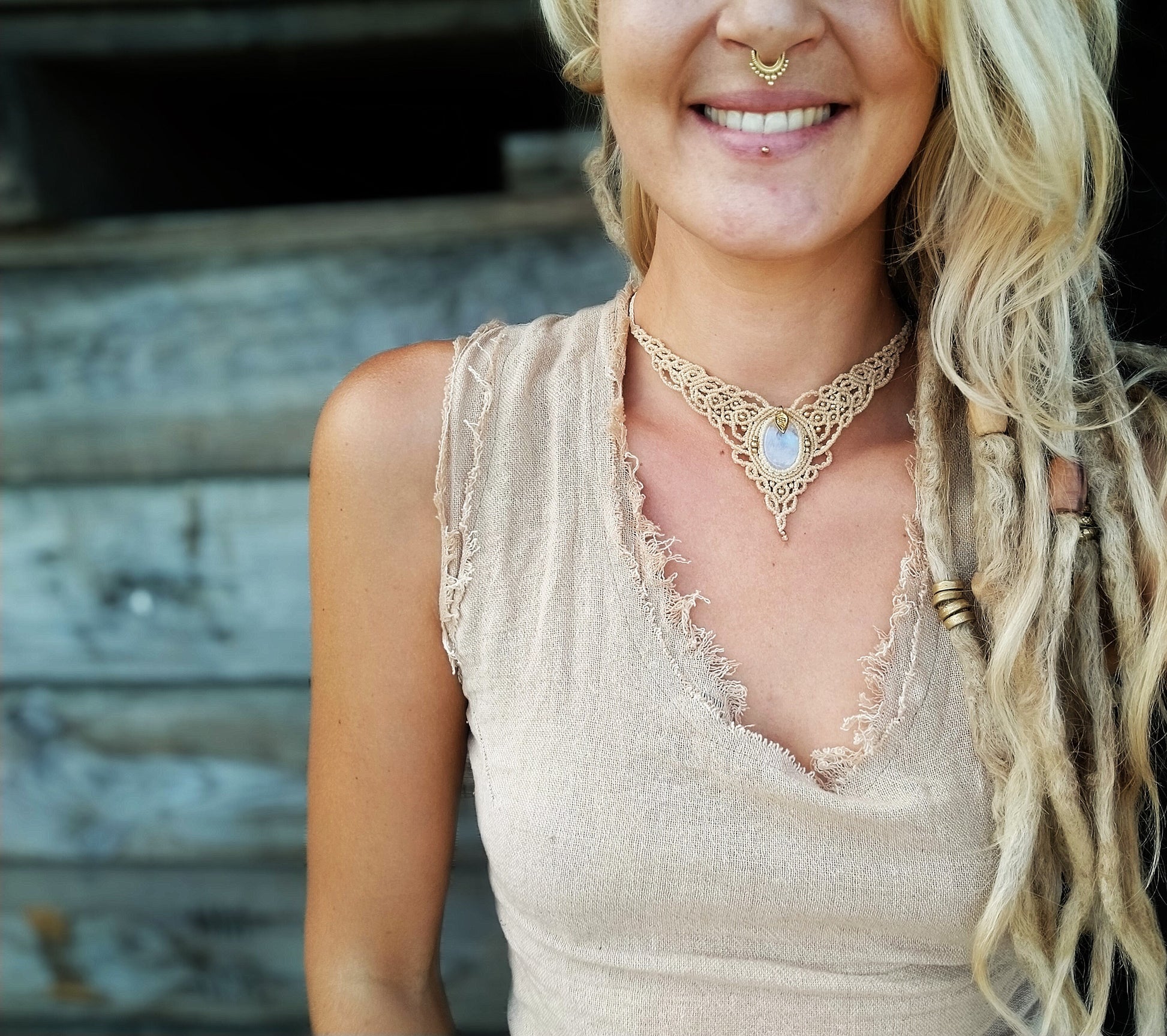 Bohemian moonstone macrame necklace