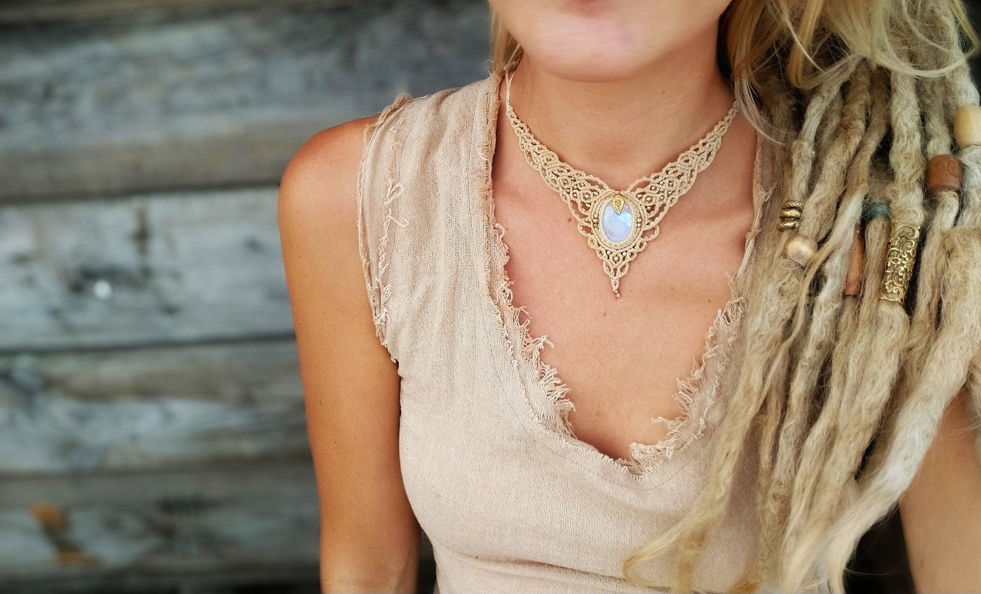 Bohemian moonstone macrame necklace