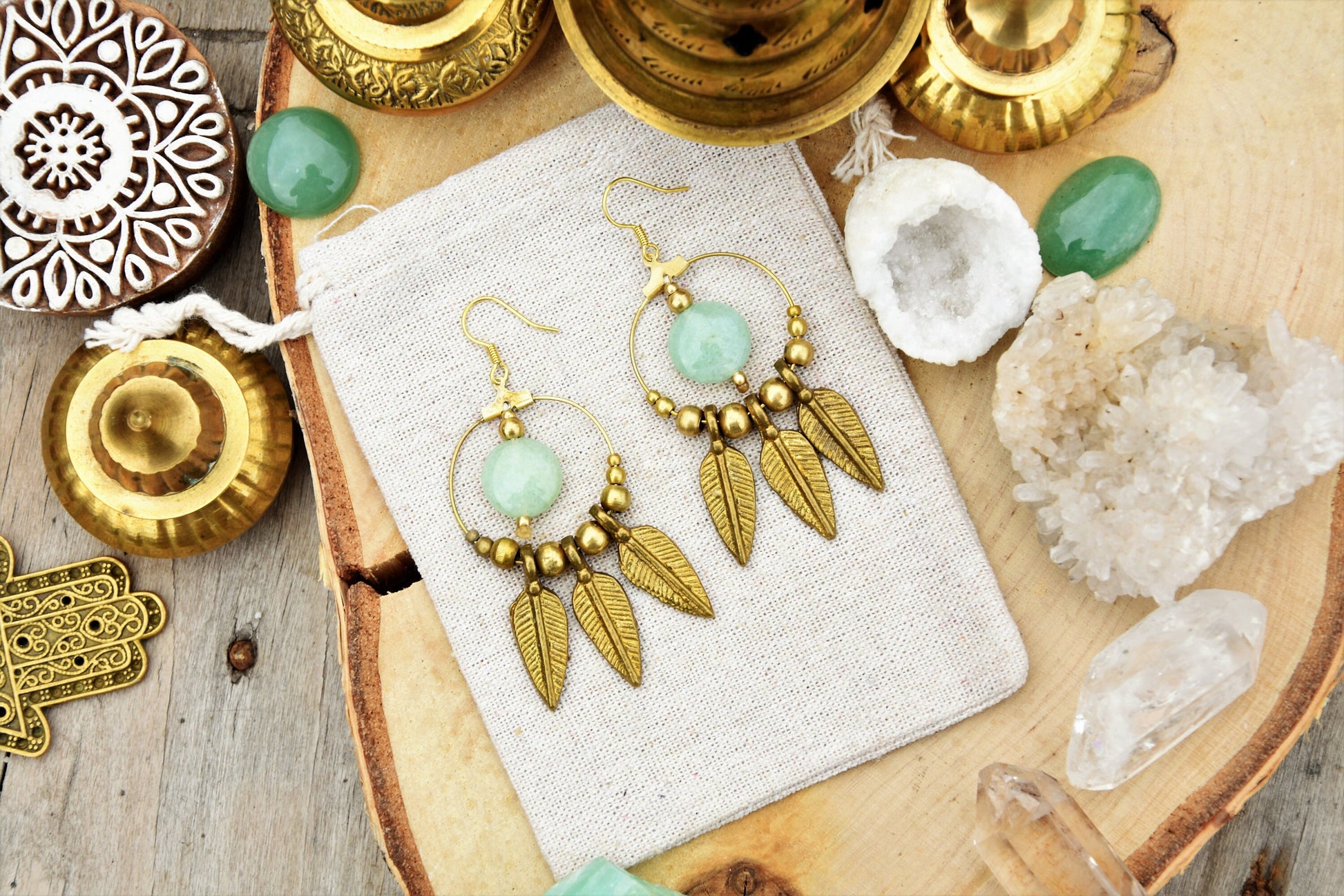 Aventurine earrings | brass feather earrings | gemstone earrings | bohemain earrings with healing crystal