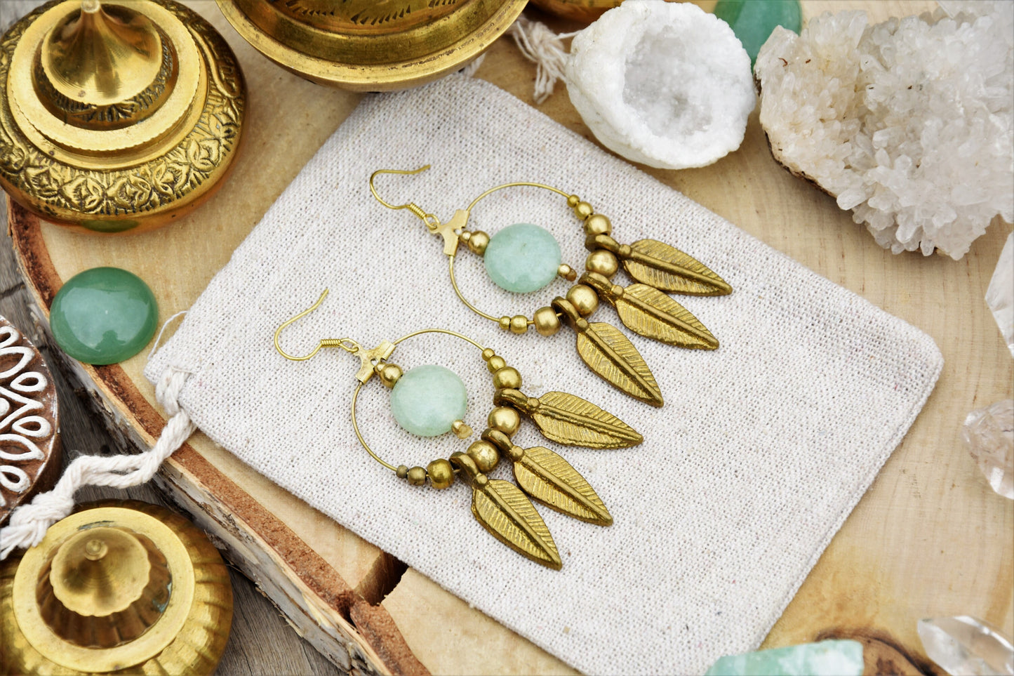 Aventurine earrings | brass feather earrings | gemstone earrings | bohemain earrings with healing crystal