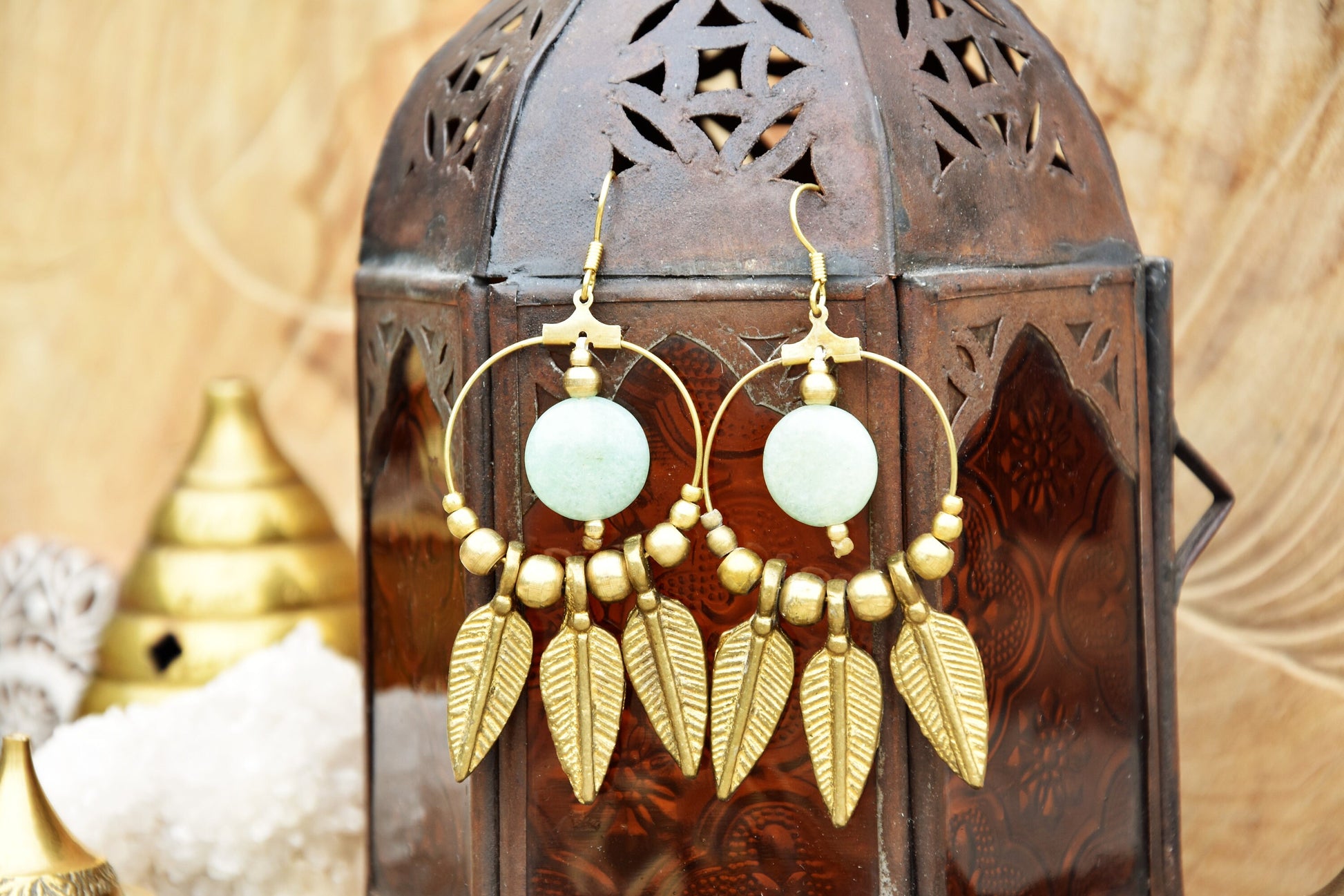 Aventurine earrings | brass feather earrings | gemstone earrings | bohemain earrings with healing crystal