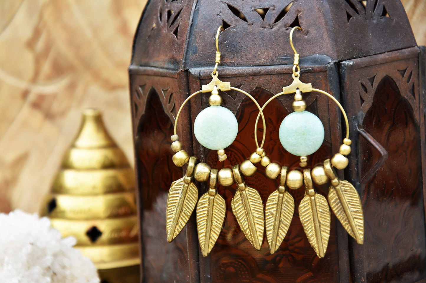 Aventurine earrings | brass feather earrings | gemstone earrings | bohemain earrings with healing crystal