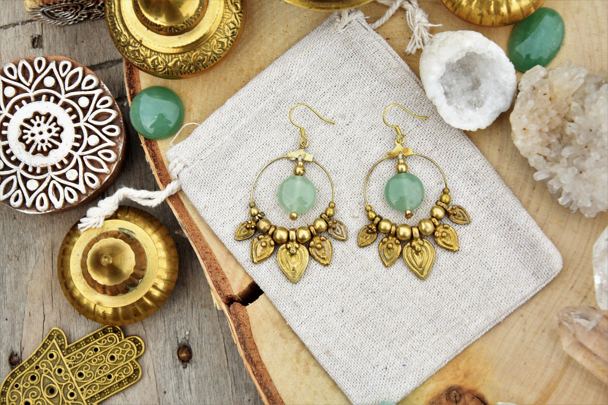 Aventurine earrings | brass earrings | gemstone earrings | bohemain earrings with healing crystal