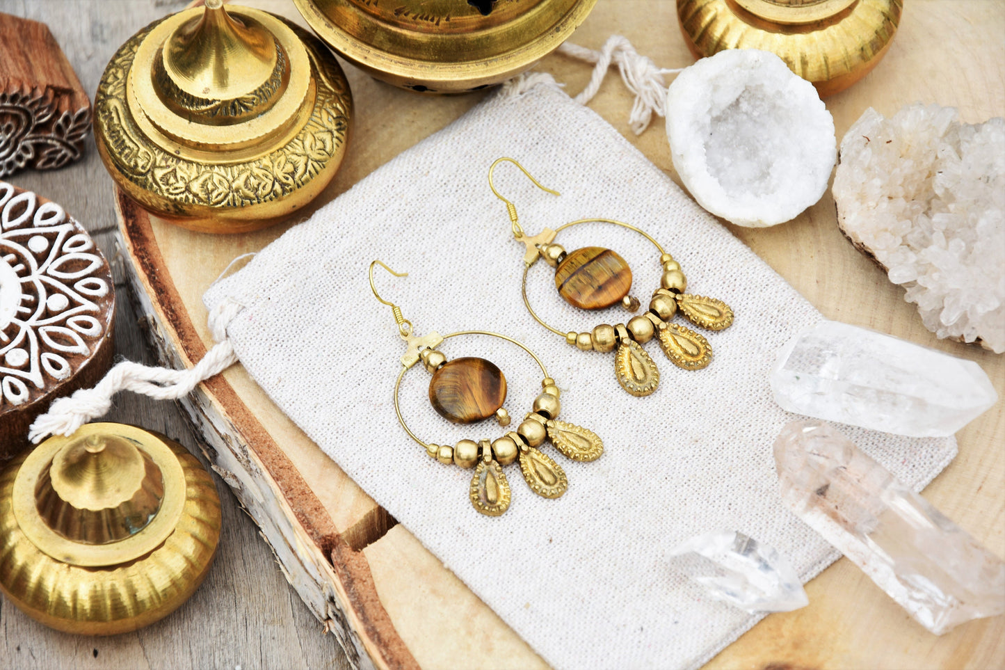 Tiger eye earrings | brass earrings | Tribal earrings | gemstone earrings | bohemain earrings with healing crystal