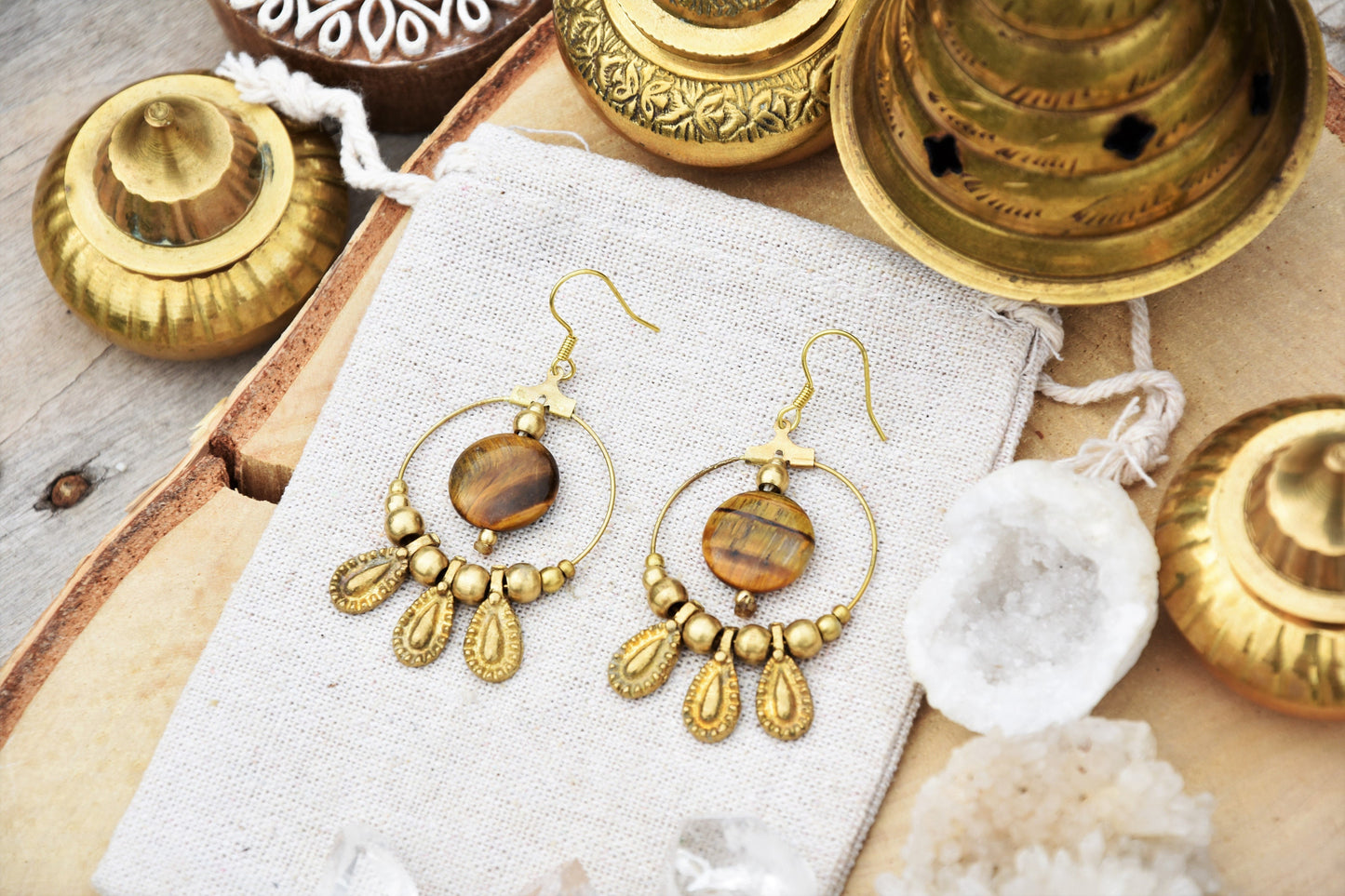 Tiger eye earrings | brass earrings | Tribal earrings | gemstone earrings | bohemain earrings with healing crystal