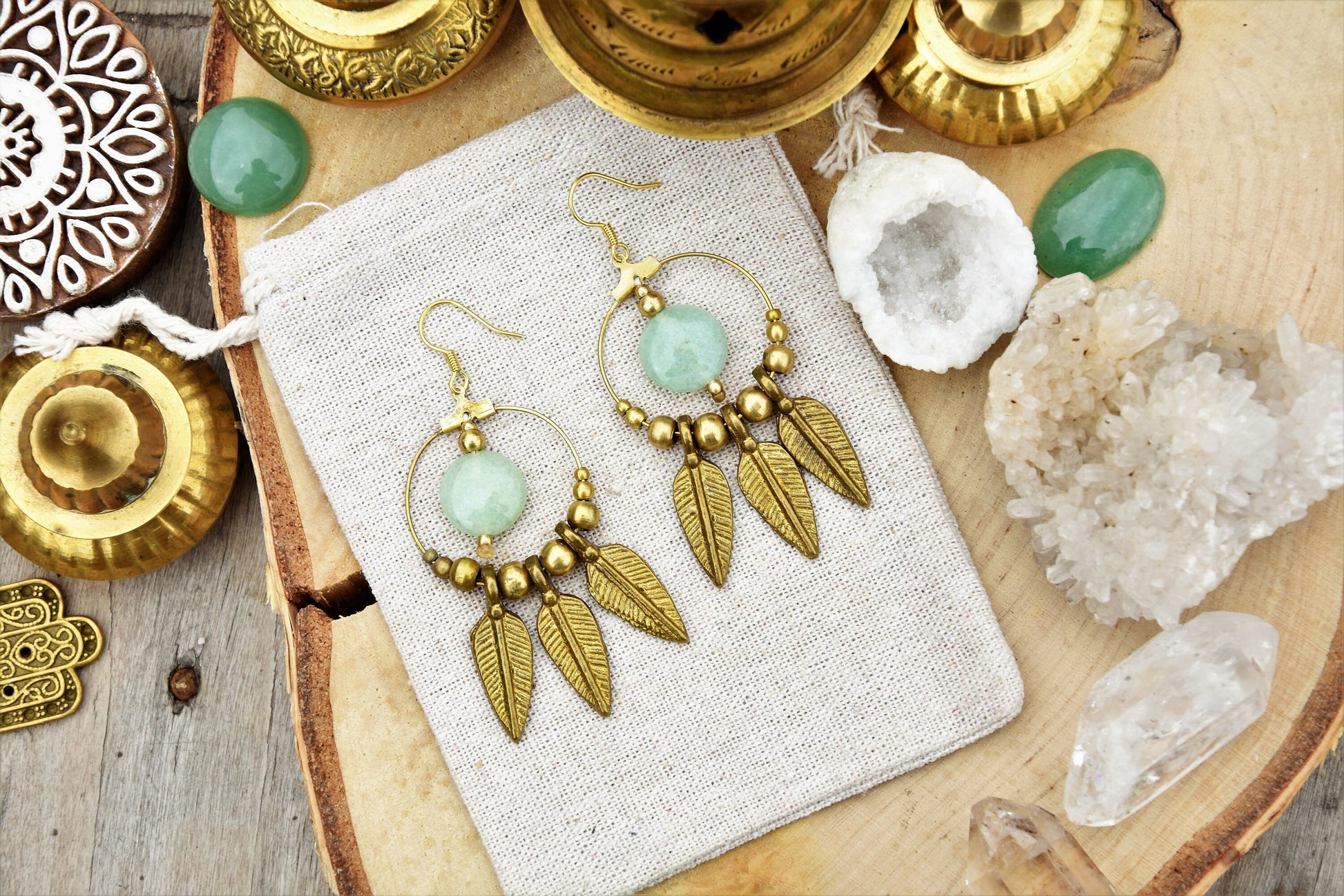 Aventurine earrings | brass feather earrings | gemstone earrings | bohemain earrings with healing crystal