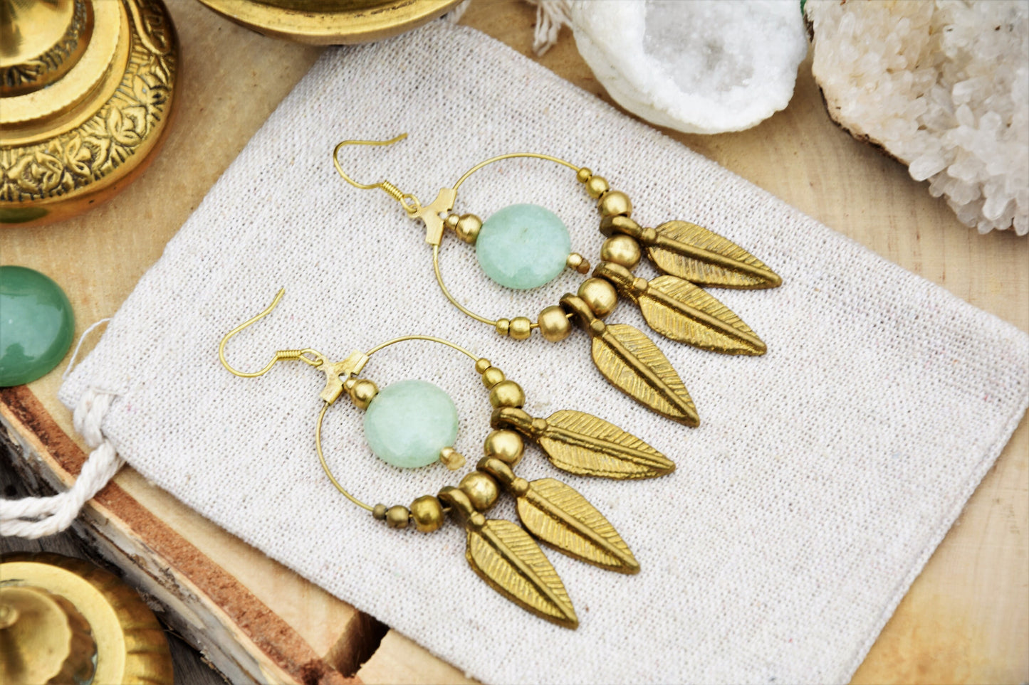 Aventurine earrings | brass feather earrings | gemstone earrings | bohemain earrings with healing crystal