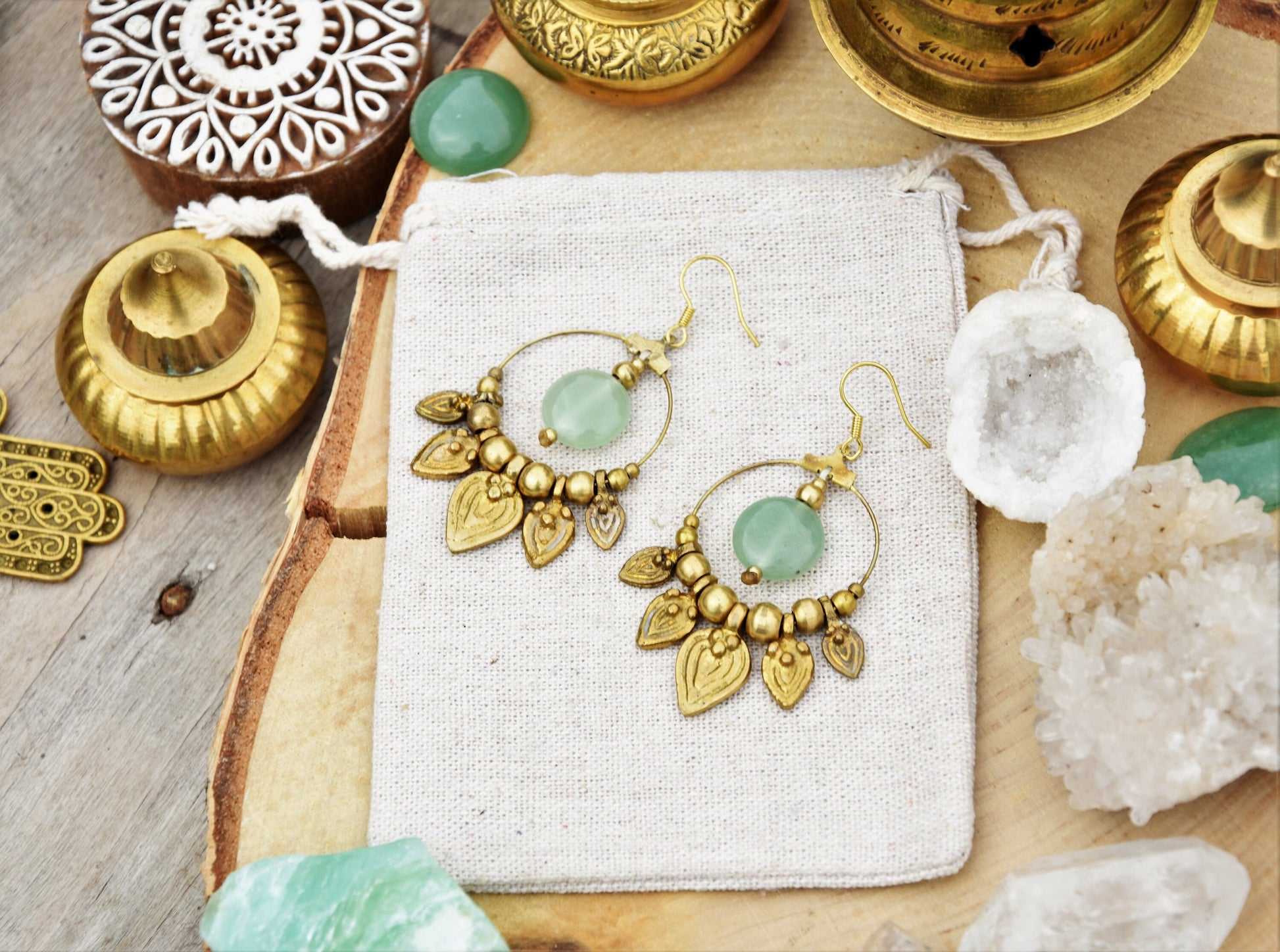 Aventurine earrings | brass earrings | gemstone earrings | bohemain earrings with healing crystal