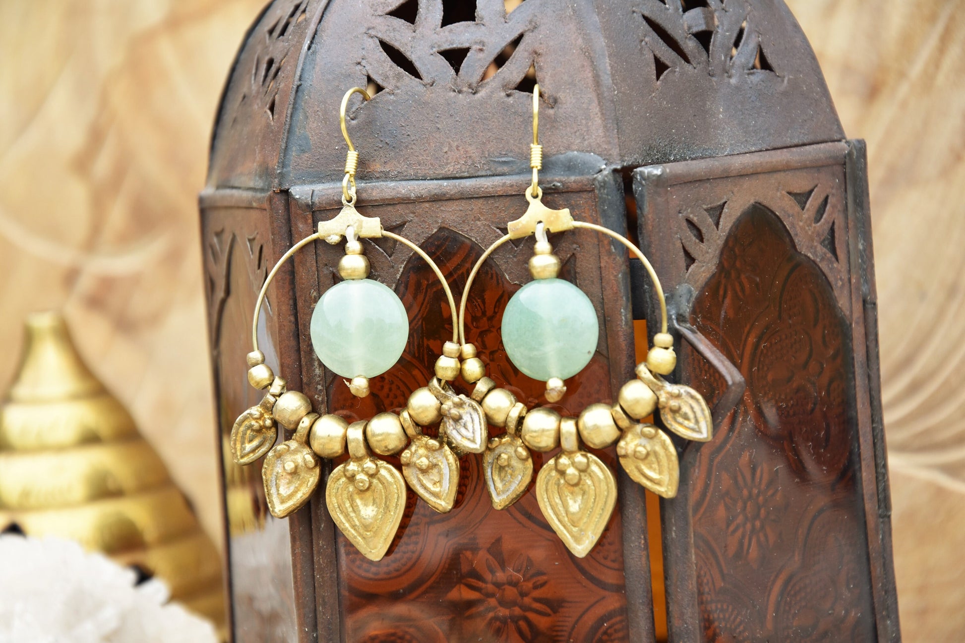 Aventurine earrings | brass earrings | gemstone earrings | bohemain earrings with healing crystal