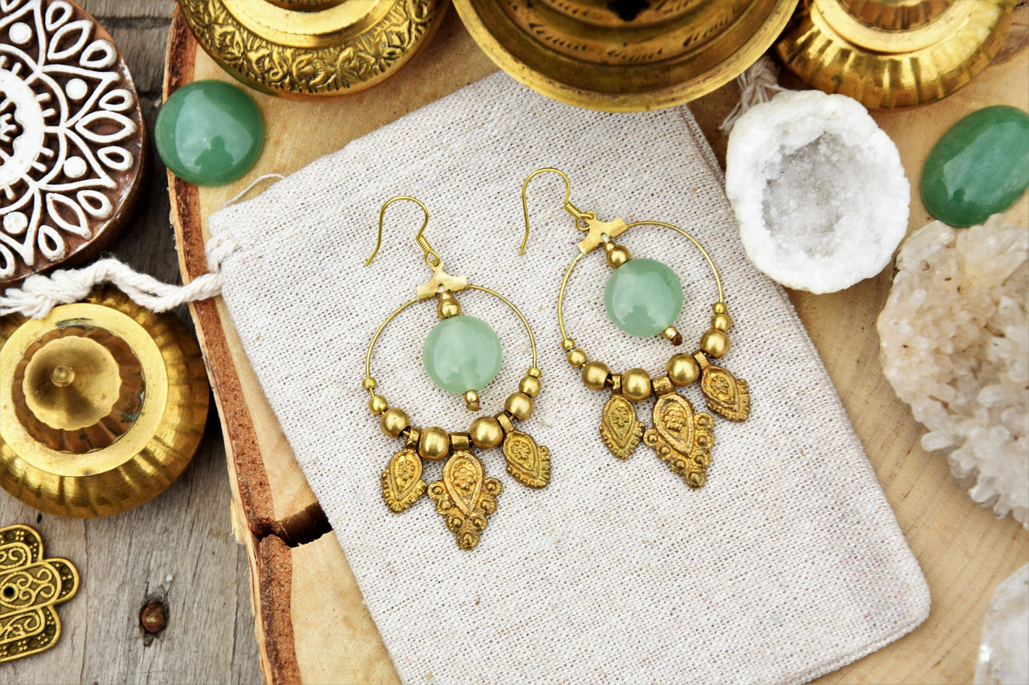 Golden bohemian gemstone earrings with aventurine and tribal charms