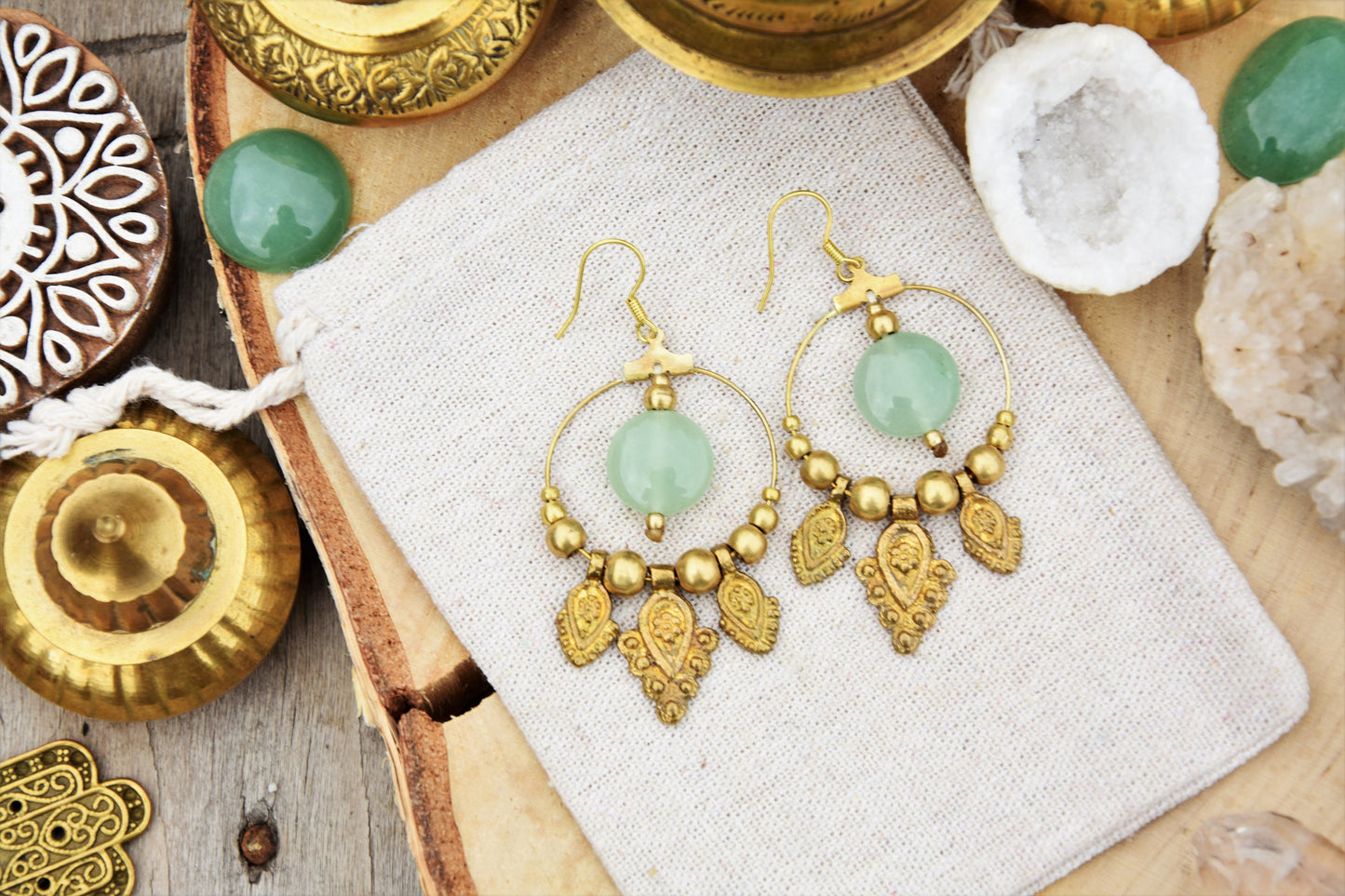 Golden bohemian gemstone earrings with aventurine and tribal charms