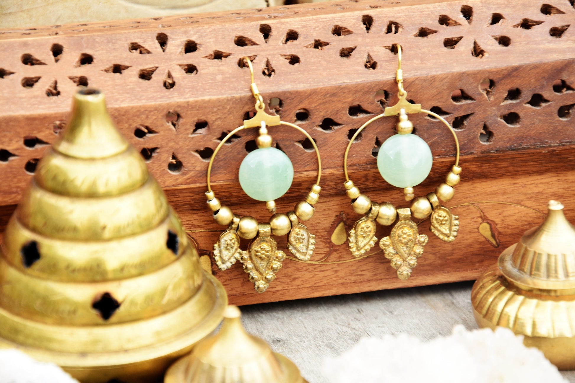 Golden bohemian gemstone earrings with aventurine and tribal charms