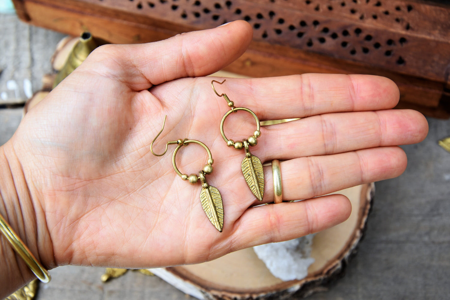 Brass feather earrings