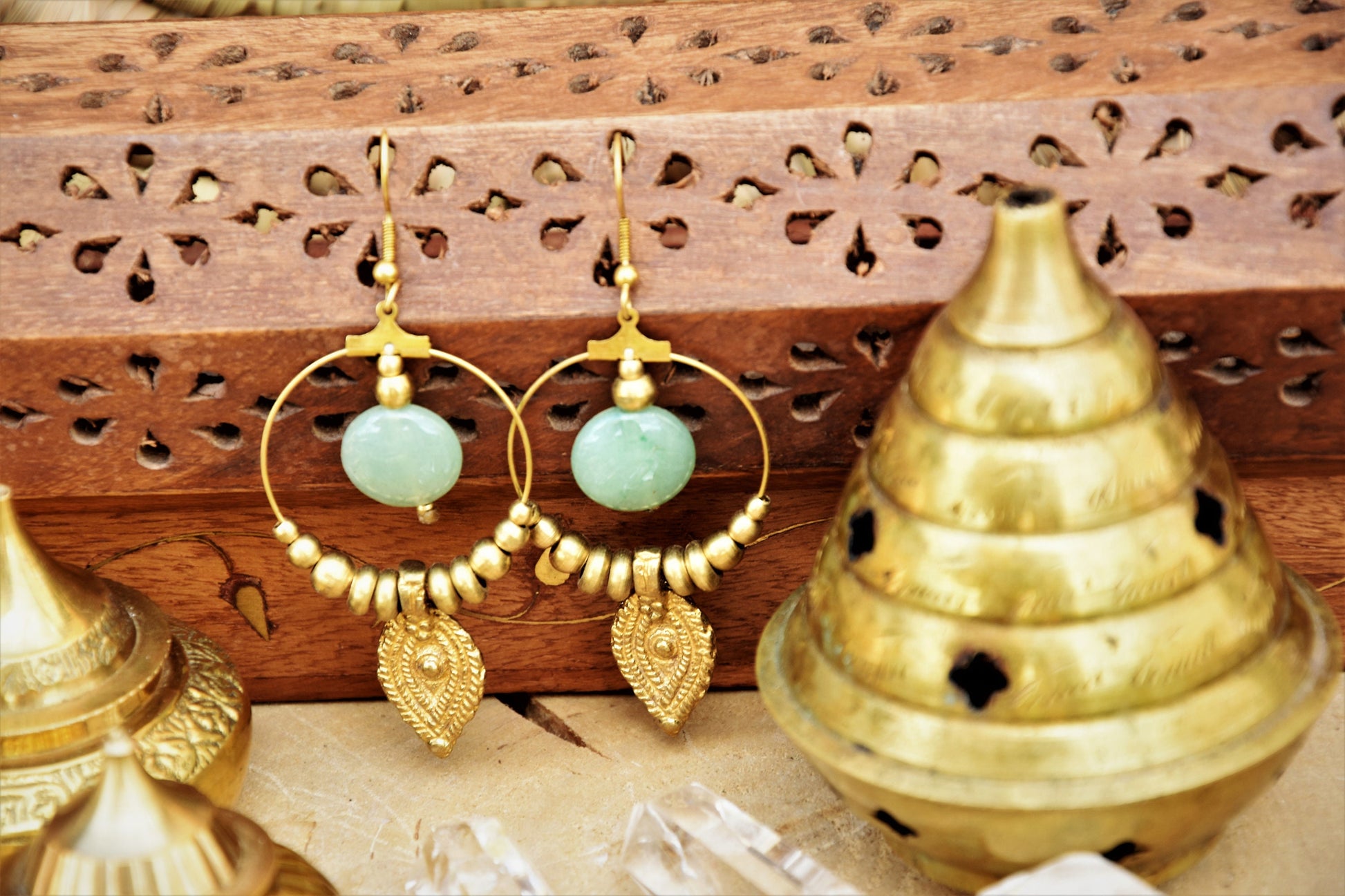 Boho earrings | gemstone earrings | large brass earrings | bohemain earrings with Aventurine