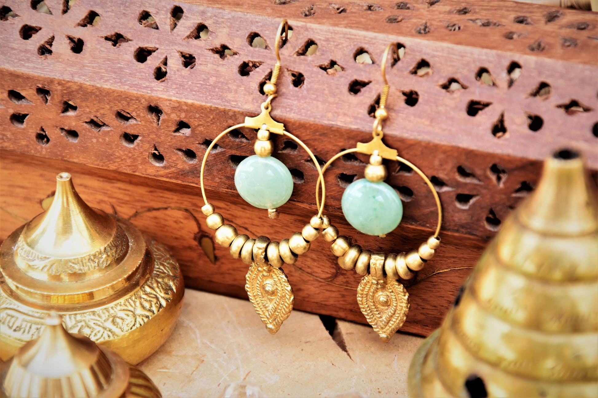 Boho earrings | gemstone earrings | large brass earrings | bohemain earrings with Aventurine