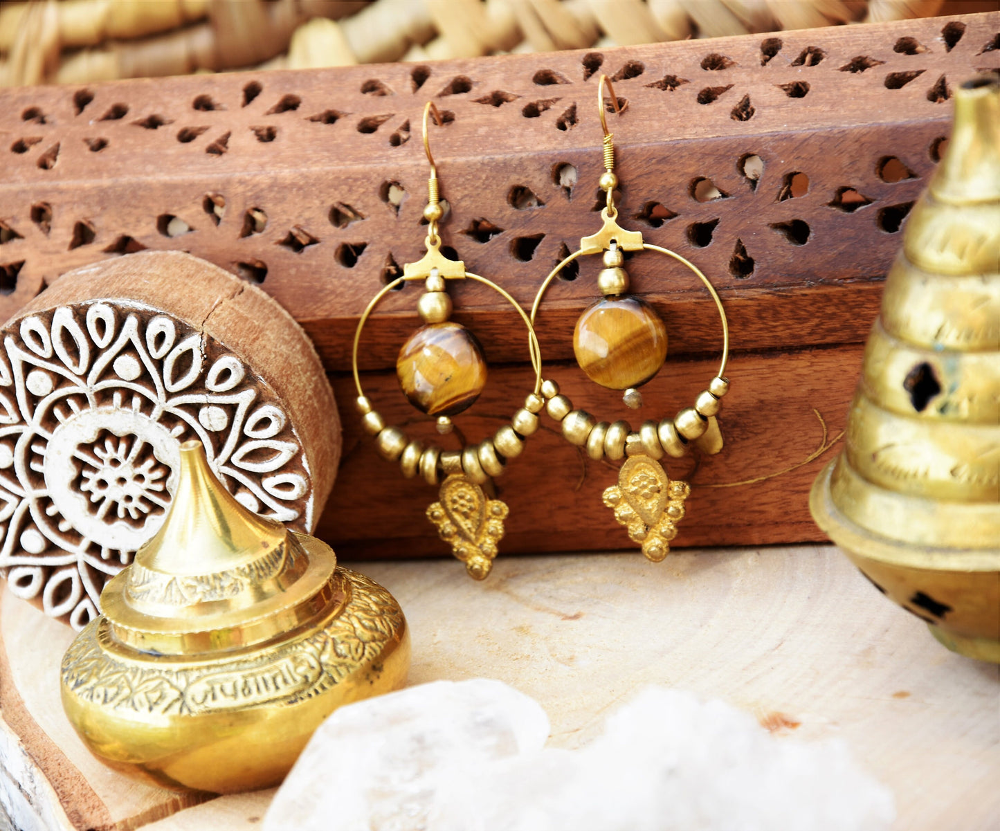 Golden brass Tiger eye earrings with tribal charm