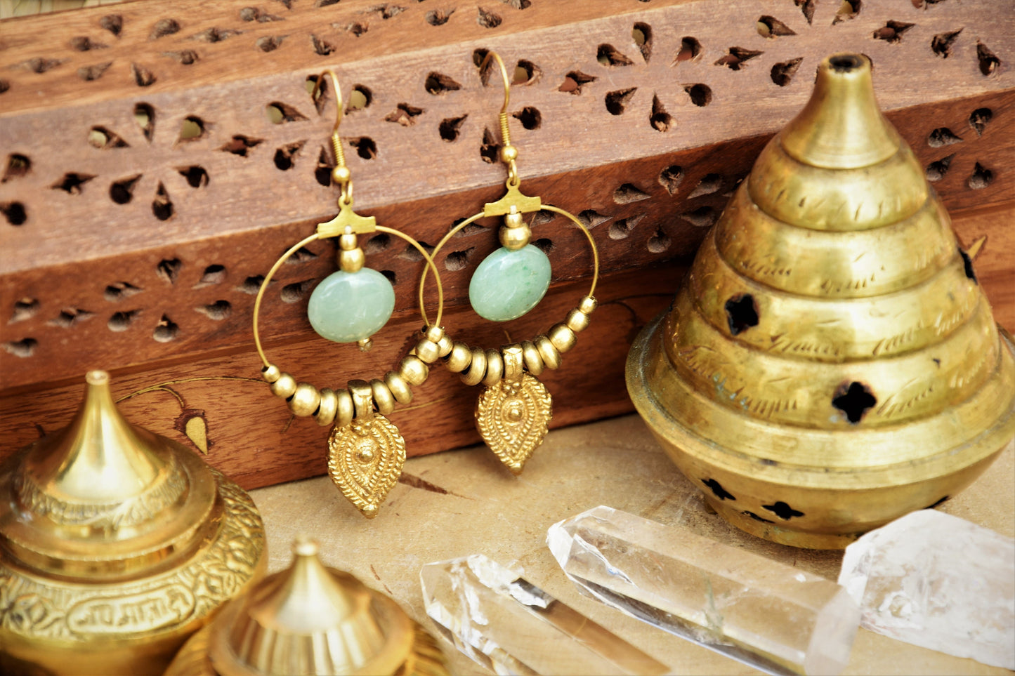 Boho earrings | gemstone earrings | large brass earrings | bohemain earrings with Aventurine