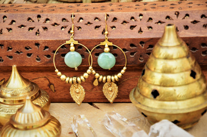 Boho earrings | gemstone earrings | large brass earrings | bohemain earrings with Aventurine