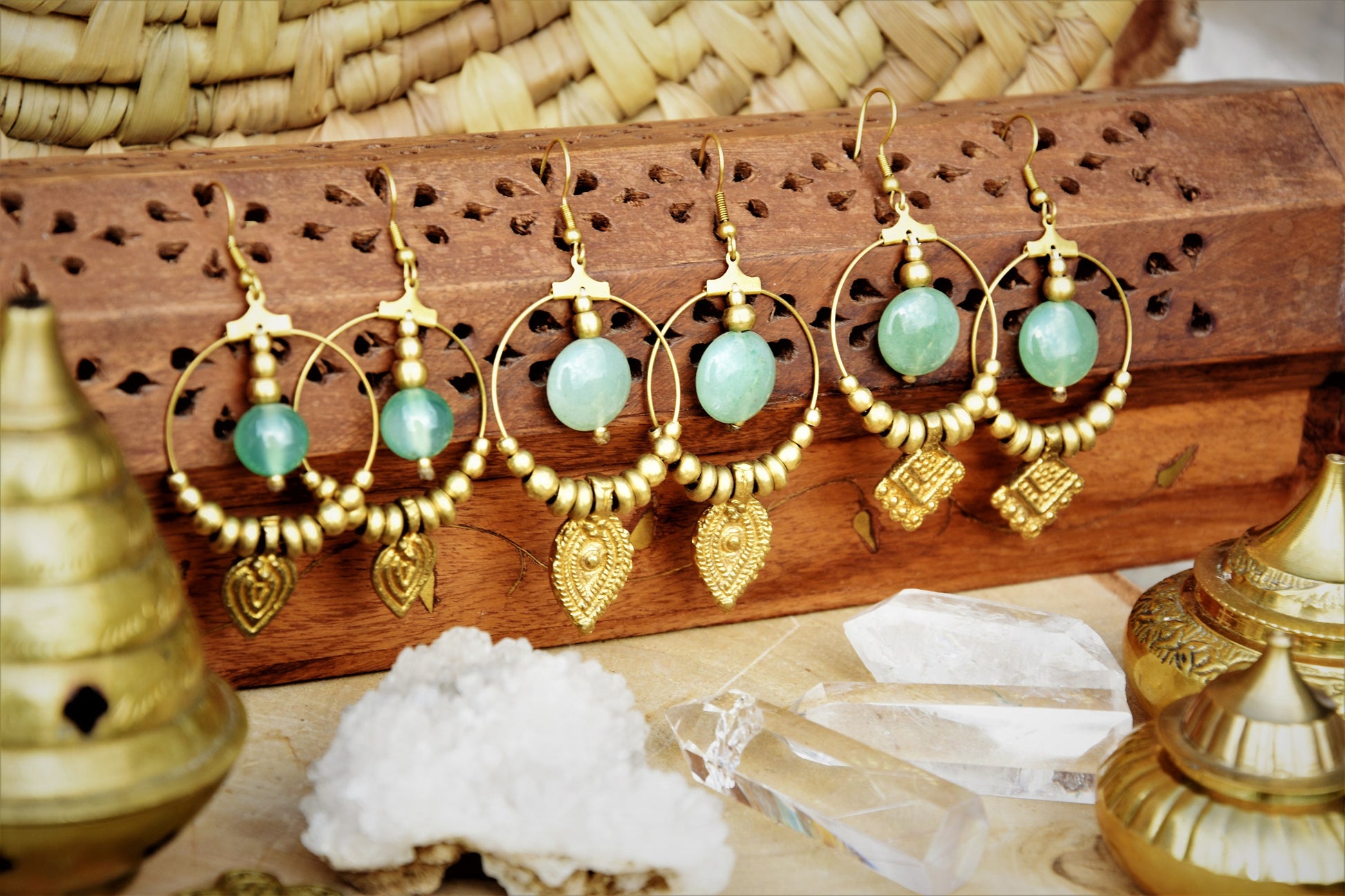 Boho earrings | gemstone earrings | large brass earrings | bohemain earrings with Aventurine