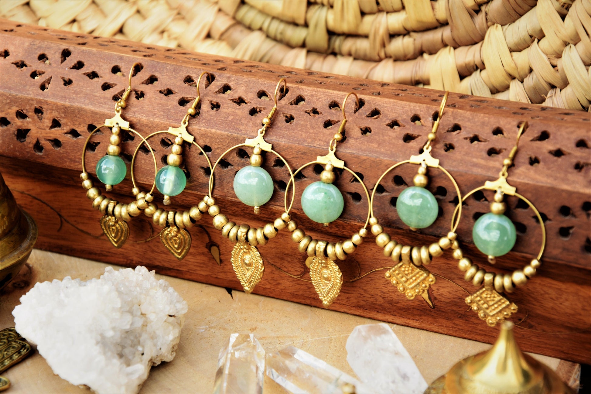 Boho earrings | gemstone earrings | large brass earrings | bohemain earrings with Aventurine