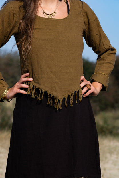 Long sleeve victorian shirt | pointed hem shirt with fringes | gypsy shirt | milkmaid boho top | bohemian goddess shirt