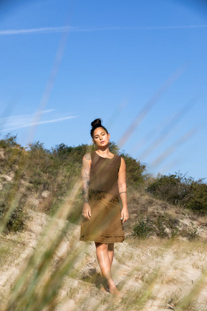 A-line knee length waiste tie wrap skirt with frayed border | Olive green