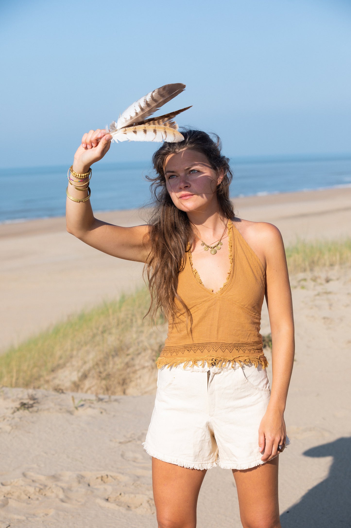 Tribal crop top ⟐ Deep V-neck halter top | Caramel brown