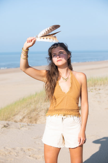 Tribal crop top ⟐ Deep V-neck halter top | Caramel brown