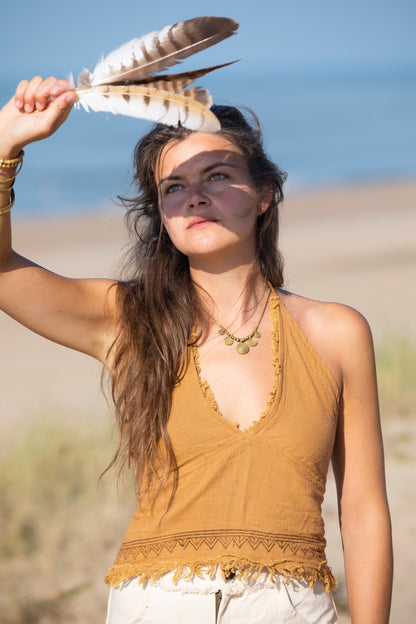 Tribal crop top ⟐ Deep V-neck halter top | Caramel brown