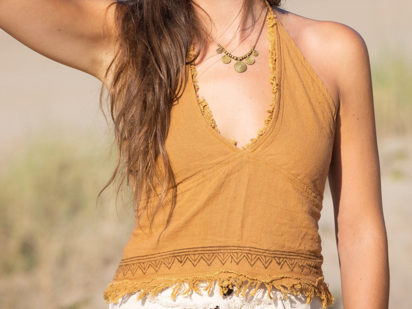 Tribal crop top ⟐ Deep V-neck halter top | Caramel brown