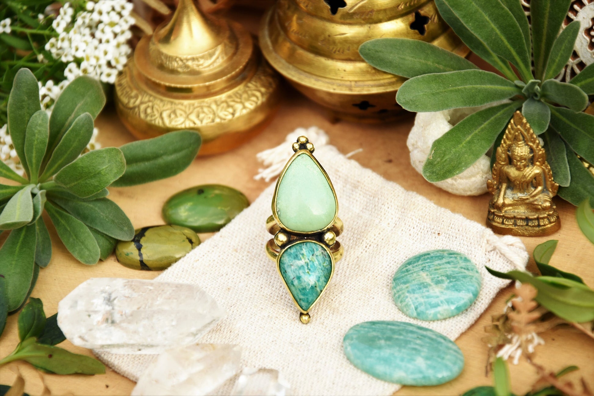 Bohemian brass gemstone ring ⁘ Tribal ring ⁘ Boho ring ⁘ Amazonite ring ⁘ Ethnic ring ⁘ Gemstone ring