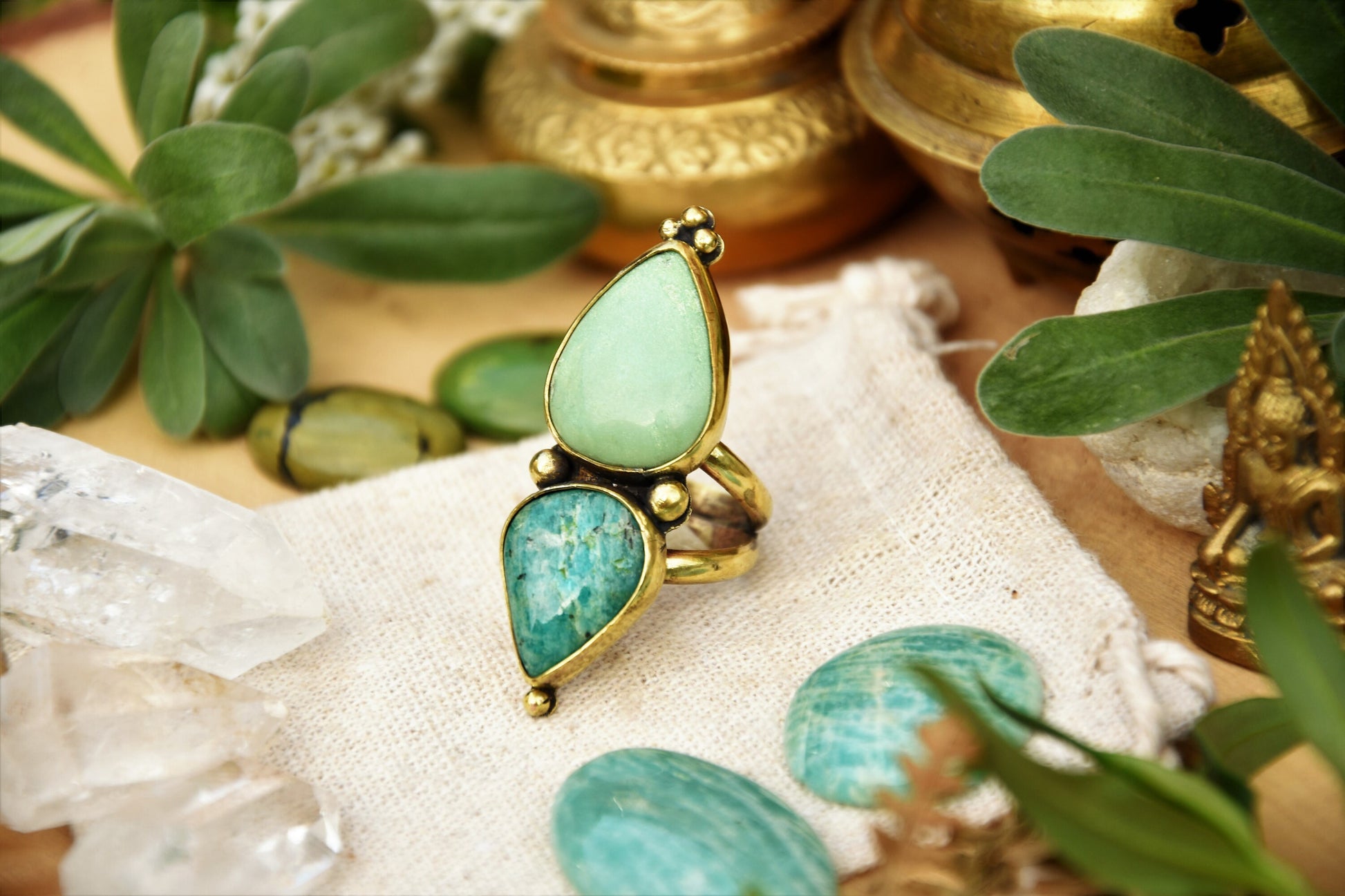 Bohemian brass gemstone ring ⁘ Tribal ring ⁘ Boho ring ⁘ Amazonite ring ⁘ Ethnic ring ⁘ Gemstone ring