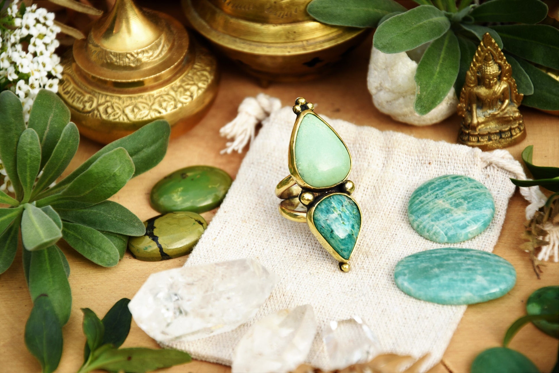 Bohemian brass gemstone ring ⁘ Tribal ring ⁘ Boho ring ⁘ Amazonite ring ⁘ Ethnic ring ⁘ Gemstone ring