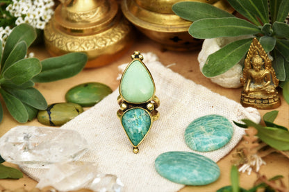 Bohemian brass gemstone ring ⁘ Tribal ring ⁘ Boho ring ⁘ Amazonite ring ⁘ Ethnic ring ⁘ Gemstone ring