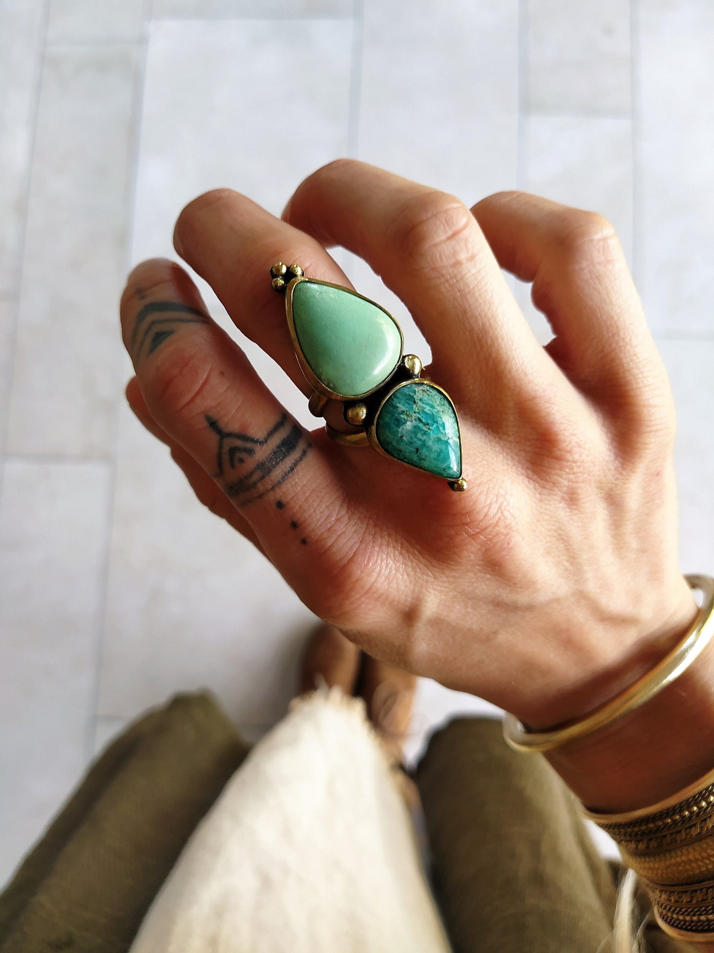 Bohemian brass gemstone ring ⁘ Tribal ring ⁘ Boho ring ⁘ Amazonite ring ⁘ Ethnic ring ⁘ Gemstone ring