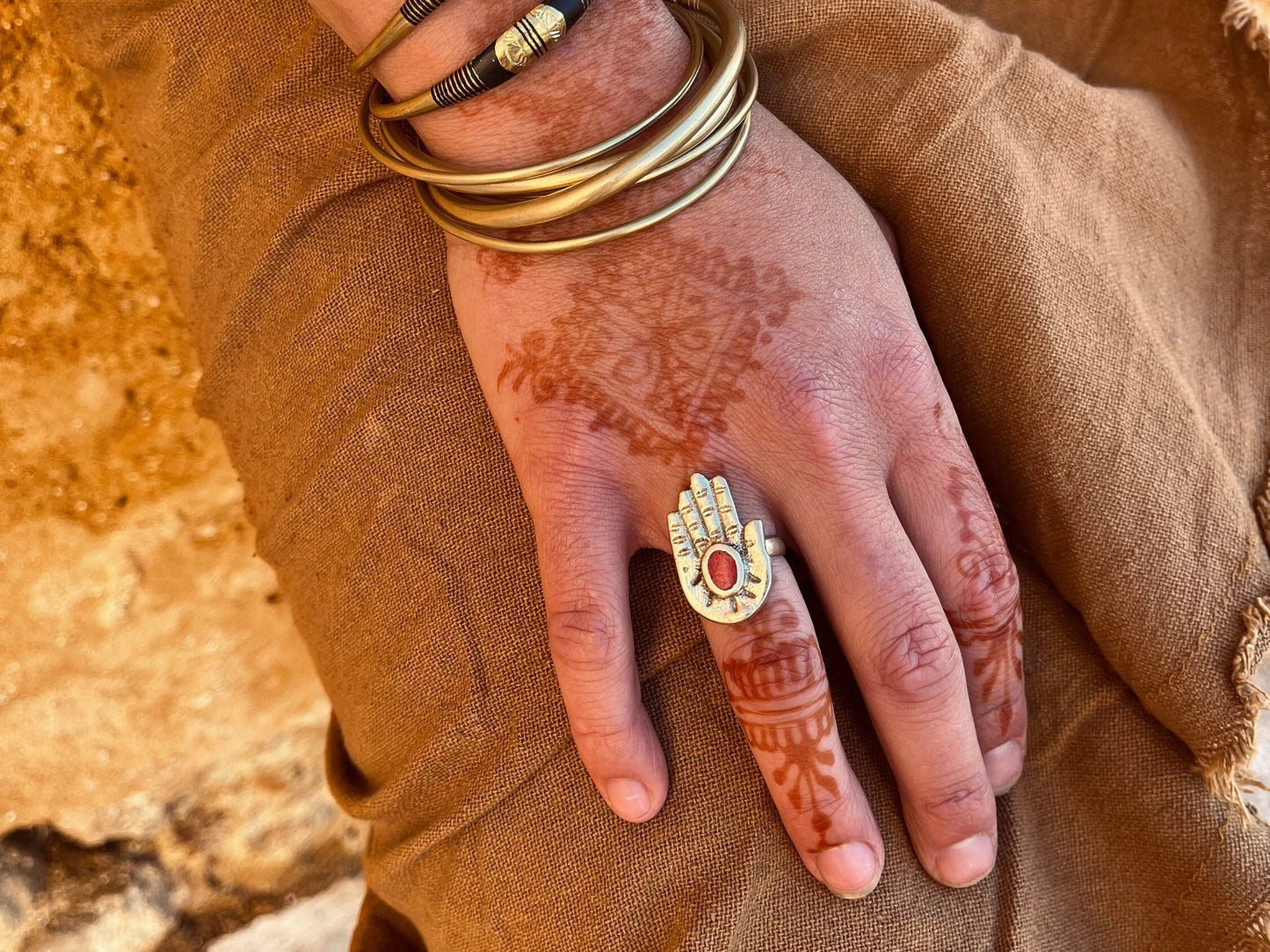 Hamsa ring | Thulite gemstone ring | Boho ring | Silver ring | Bohemian ring