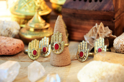 Hamsa ring | Thulite gemstone ring | Boho ring | Silver ring | Bohemian ring