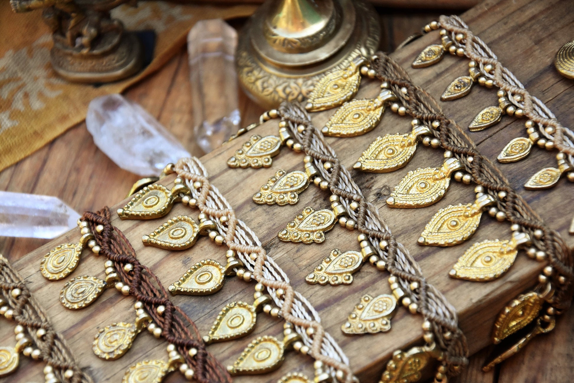 Tribal macrame anklet with brass charms