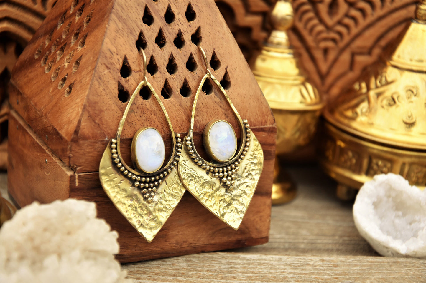 Tribal brass earrings with Moonstone crystals