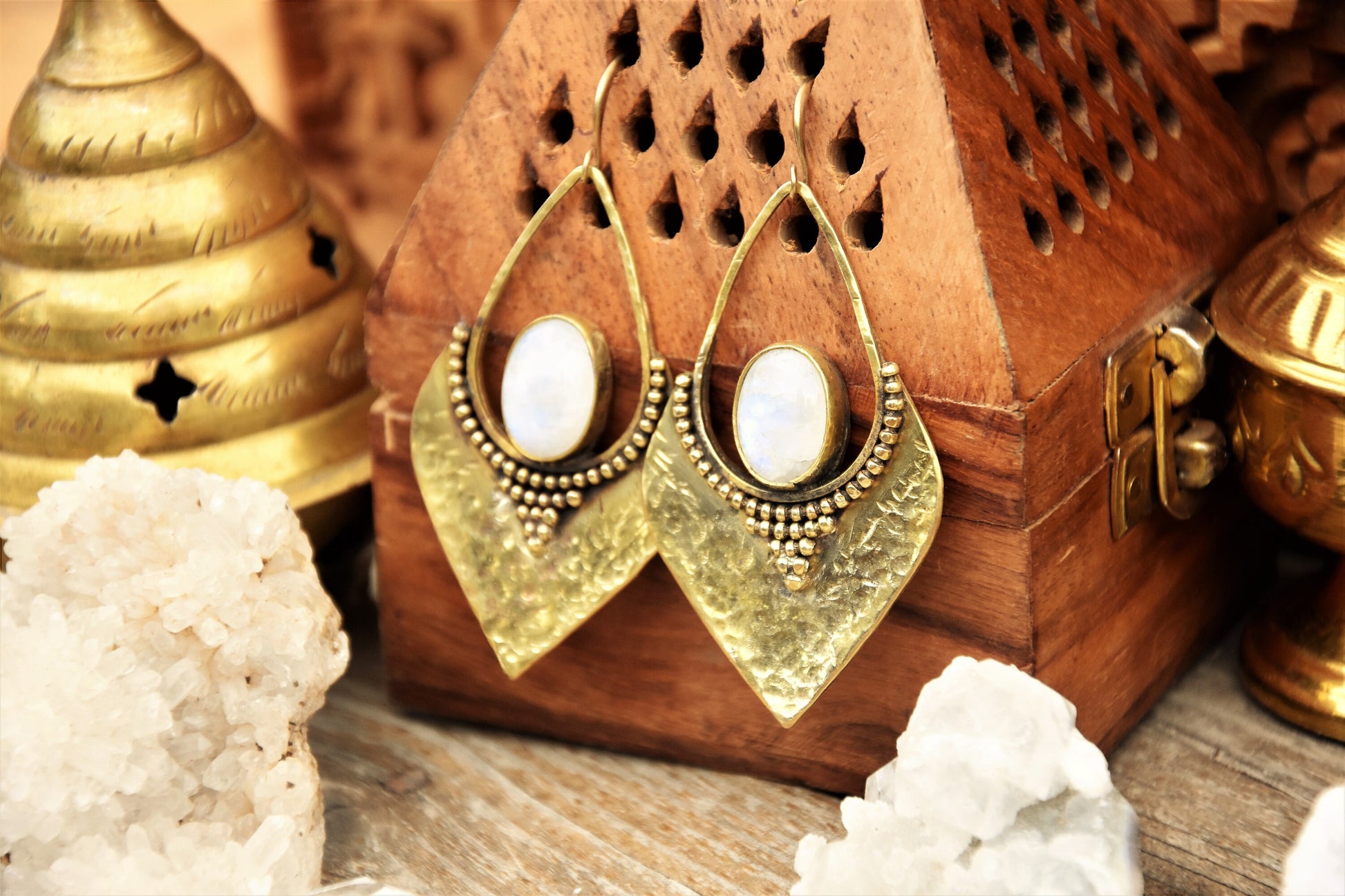 Tribal brass earrings with Moonstone crystals