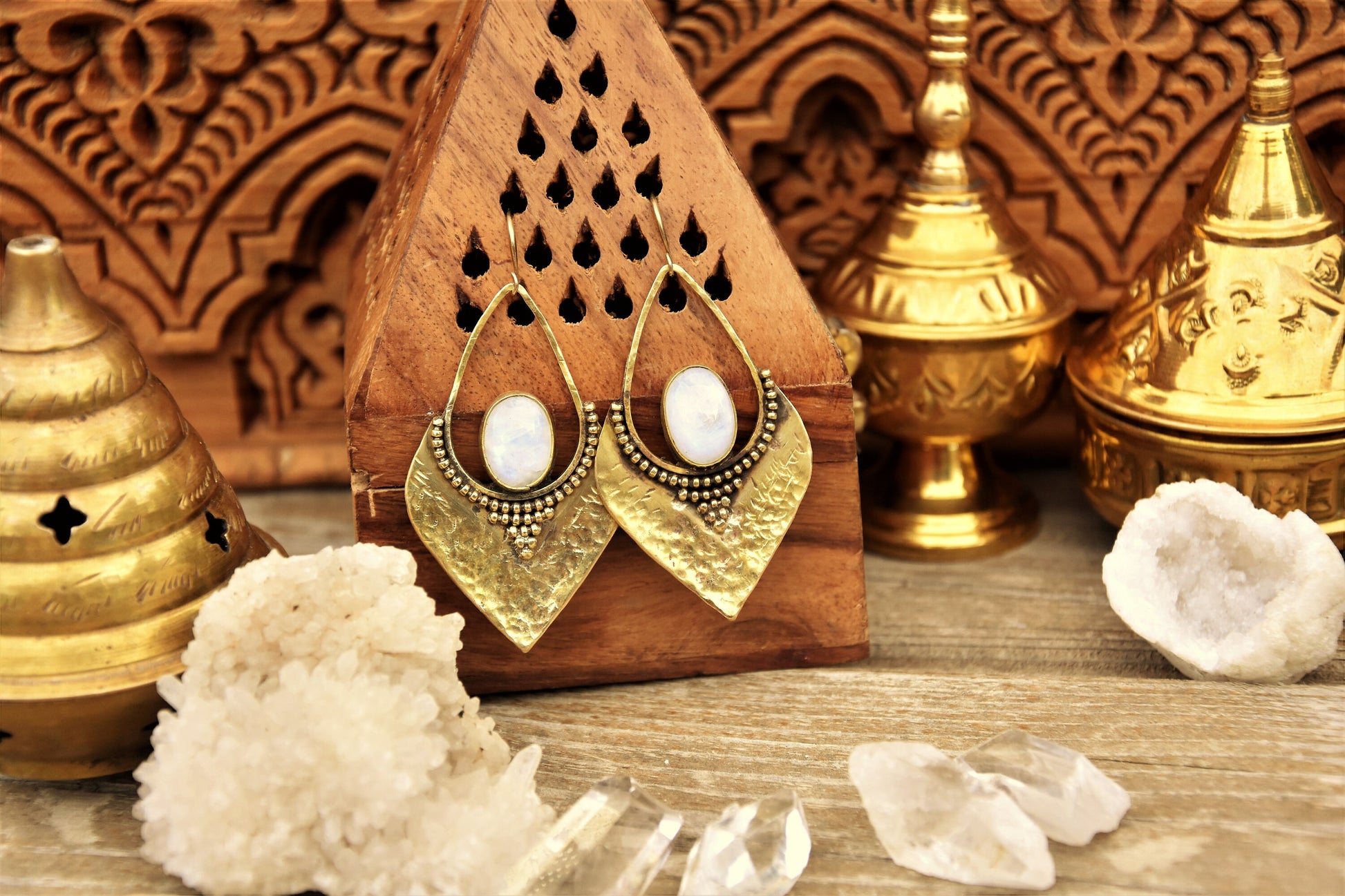 Tribal brass earrings with Moonstone crystals